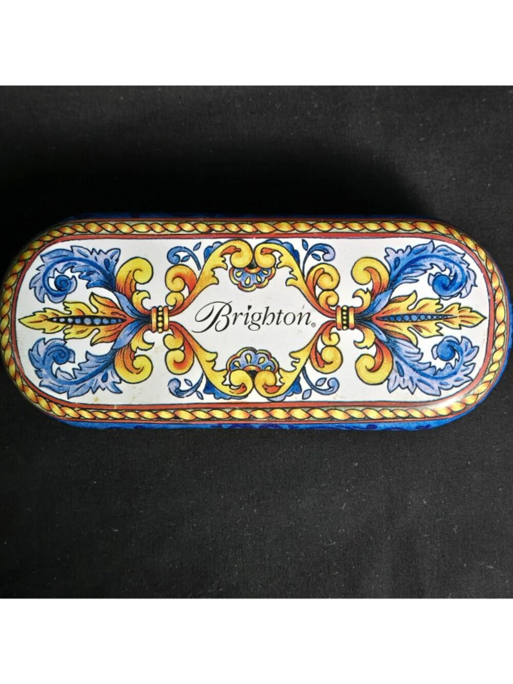 Brighton Sunglass Case Eyeglass Hinged Tin Box Scroll Floral Blue White 6" - Picture 2 of 10